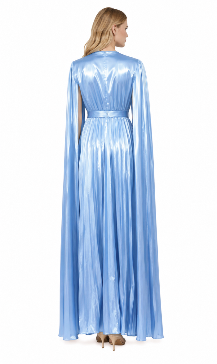 high-neck pleated midi dress with cape sleeves – AURSAL