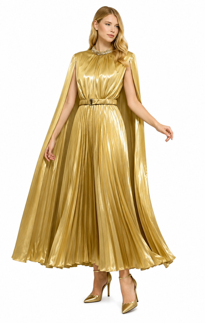 high-neck pleated midi dress with cape sleeves – AURSAL