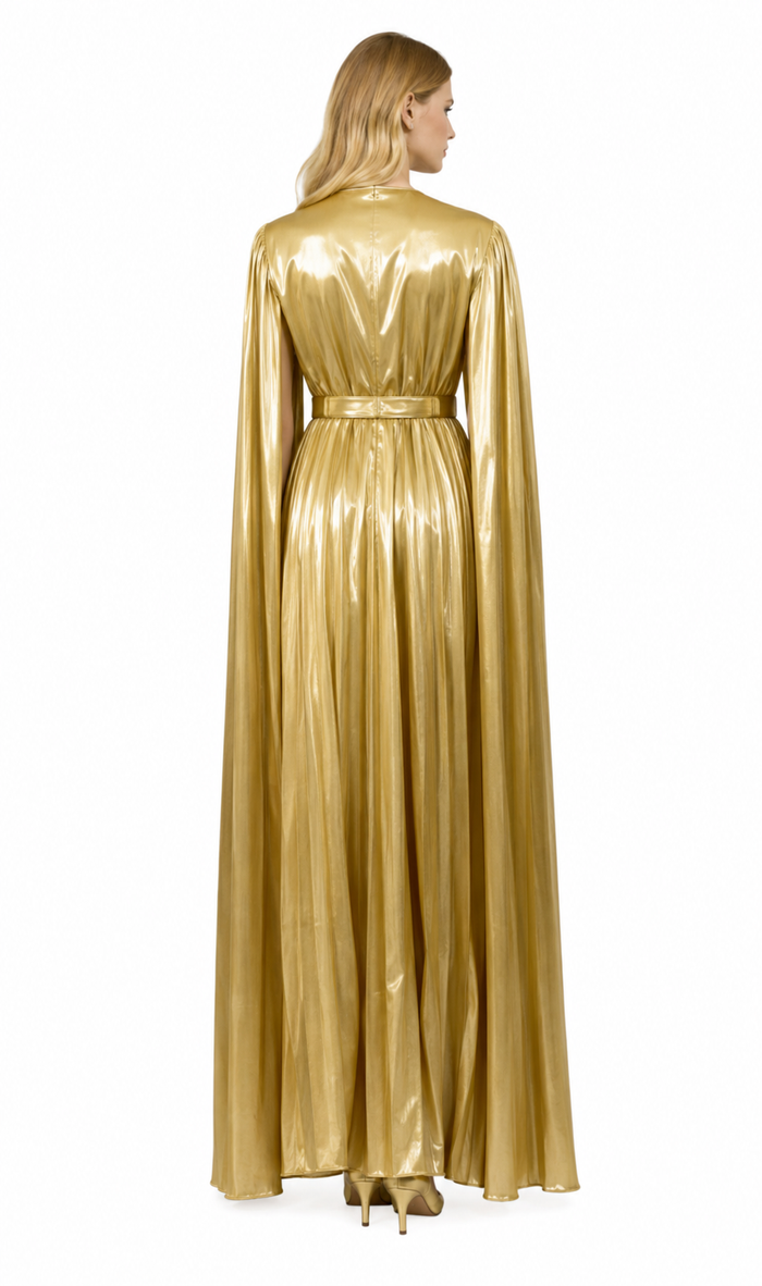 high-neck pleated midi dress with cape sleeves – AURSAL