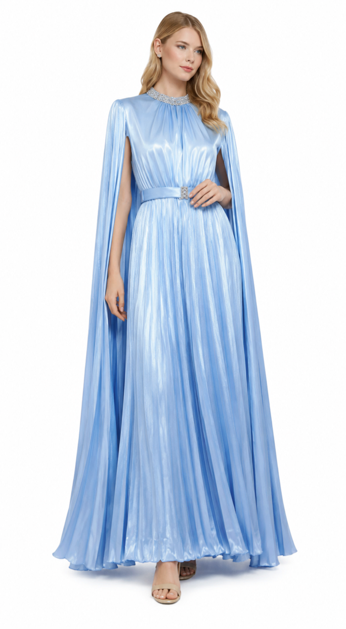 high-neck pleated midi dress with cape sleeves – AURSAL