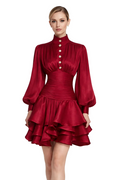 High-Neck Ruffled Mini Dress with Button Detail – RUBINA