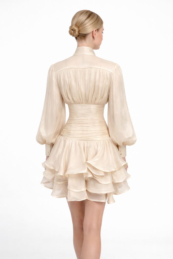 High-Neck Ruffled Mini Dress with Button Detail – RUBINA