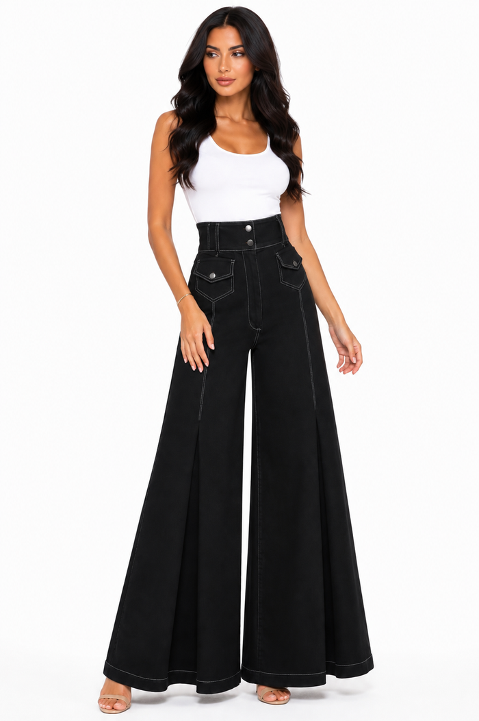 High-Waisted Flared Wide Leg Pants - Noir
