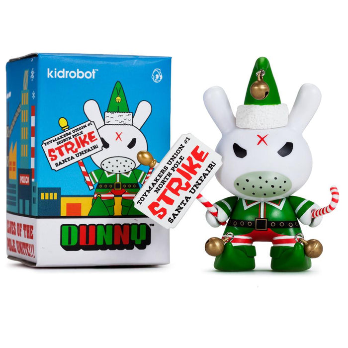 Holiday Grumpy Elf 3-inch Dunny vinyl figure, featuring a grumpy elf character with festive holiday details and vibrant colors.