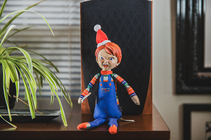 8-inch Chucky Holiday Horribles Plush toy from the Roto Phunny collection, featuring a festive horror-themed design.