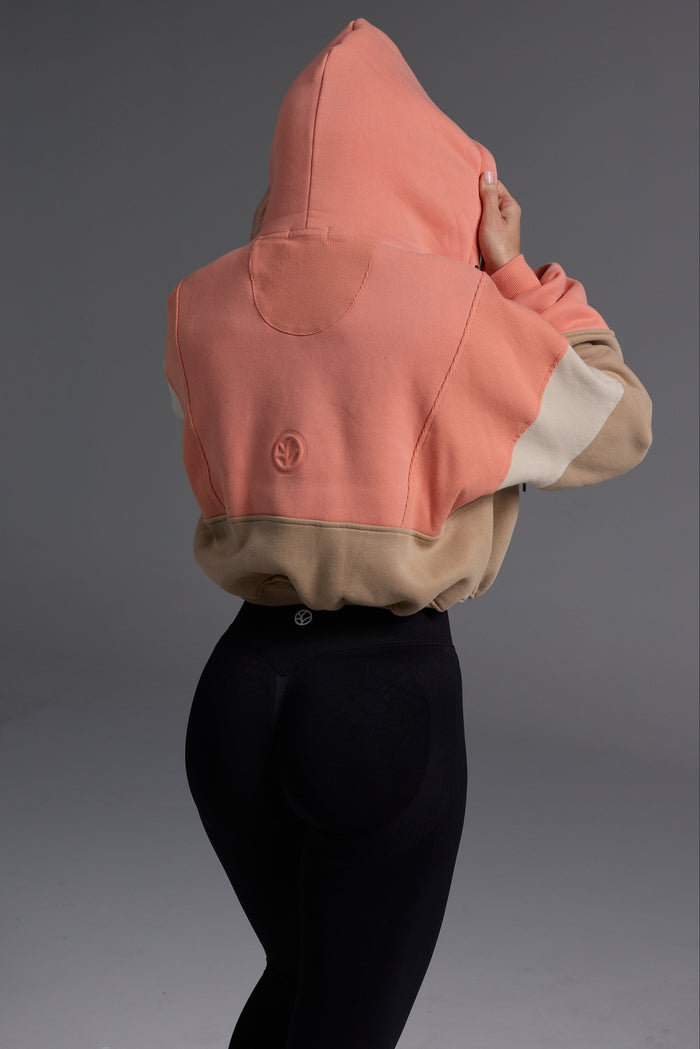 Back view of coral and desert fleece hoodie showing oversized hood, embossed logo detail, and structured back panel design