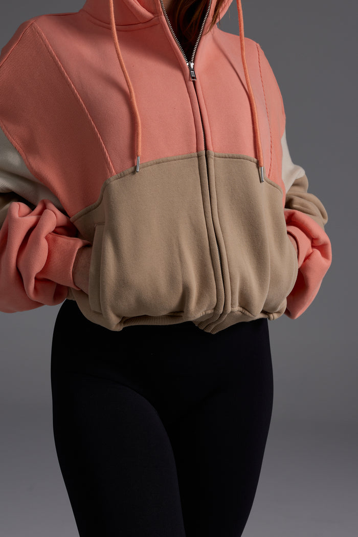 Detailed front view highlighting the premium zip, ribbed cuffs, and colorblock construction of the heavyweight fleece hoodie