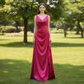 Hot Pink V-neck Prom Dress Fomal Bridesmaid Gown with Ruched - Rosymae