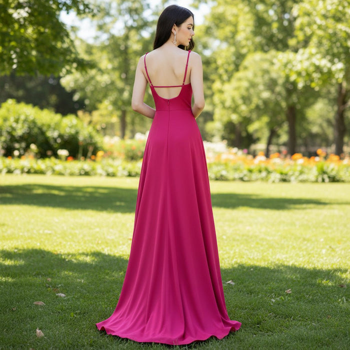 Hot Pink V-neck Prom Dress Fomal Bridesmaid Gown with Ruched - Rosymae