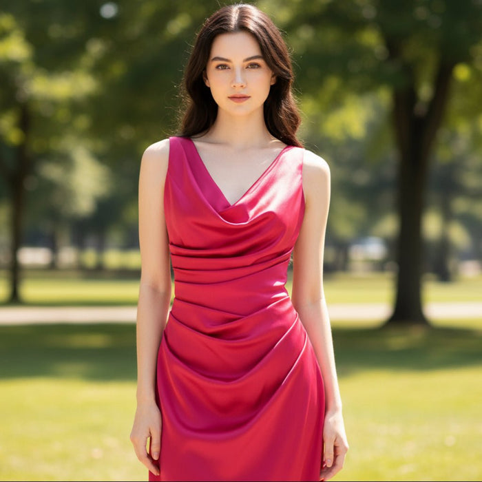Hot Pink V-neck Prom Dress Fomal Bridesmaid Gown with Ruched - Rosymae