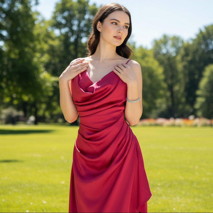 Hot Pink V-neck Prom Dress Fomal Bridesmaid Gown with Ruched - Rosymae