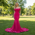 Hot Pink Velvet Off the Shoulder Mermaid Formal Dress Party Dress - Rosymae