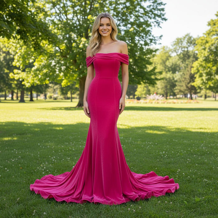 Hot Pink Velvet Off the Shoulder Mermaid Formal Dress Party Dress - Rosymae