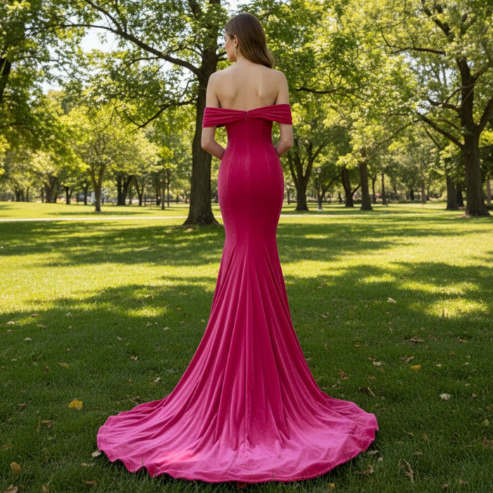 Hot Pink Velvet Off the Shoulder Mermaid Formal Dress Party Dress - Rosymae