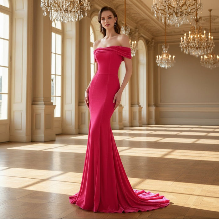 Hot Pink Velvet Off the Shoulder Mermaid Formal Dress Party Dress - Rosymae