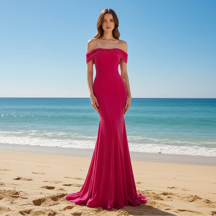 Hot Pink Velvet Off the Shoulder Mermaid Formal Dress Party Dress - Rosymae