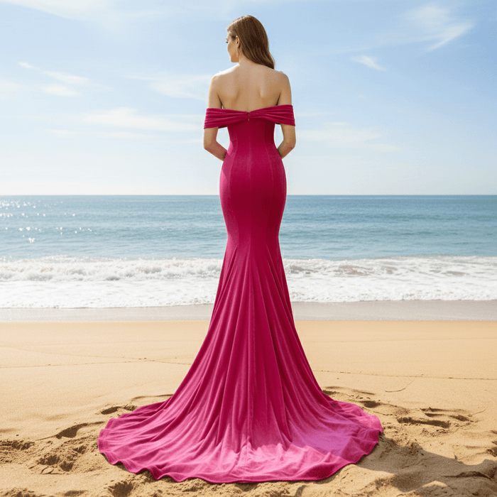Hot Pink Velvet Off the Shoulder Mermaid Formal Dress Party Dress - Rosymae