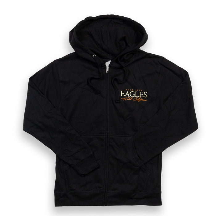 zip up hoodie-black-front tour 2023 eagles hotel california-back hotel california building tour 2023