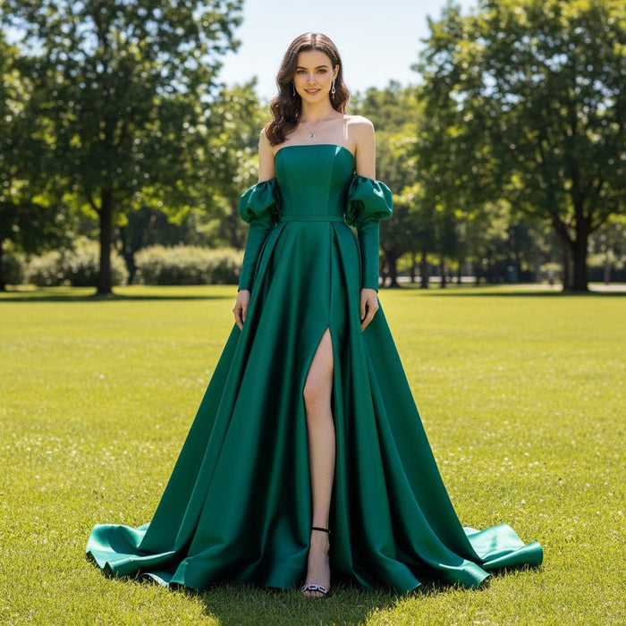 Hunter Green Satin Formal Gown Prom Bridesmaid Party Dress - Rosymae