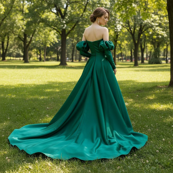 Hunter Green Satin Formal Gown Prom Bridesmaid Party Dress - Rosymae