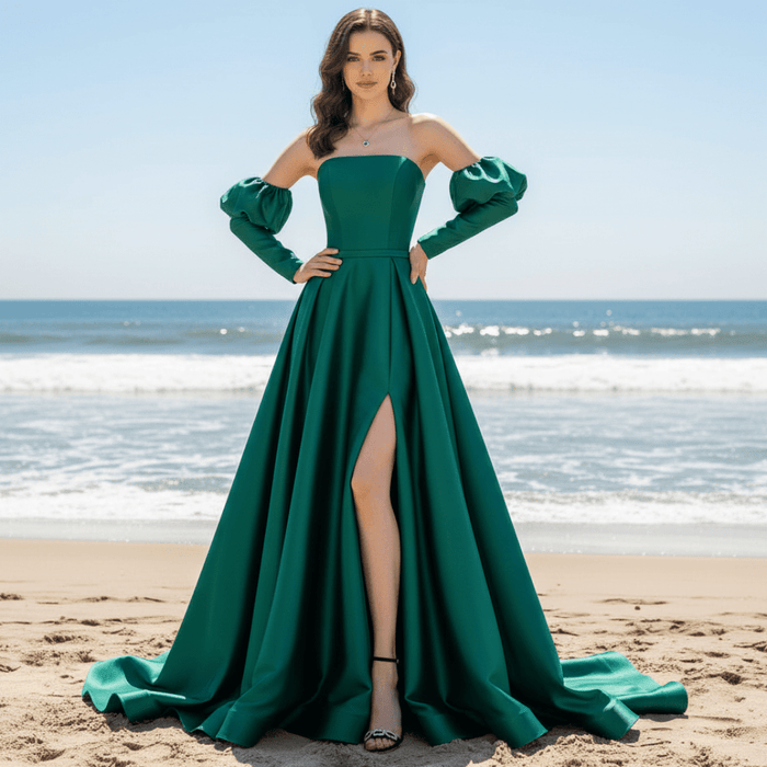 Hunter Green Satin Formal Gown Prom Bridesmaid Party Dress - Rosymae