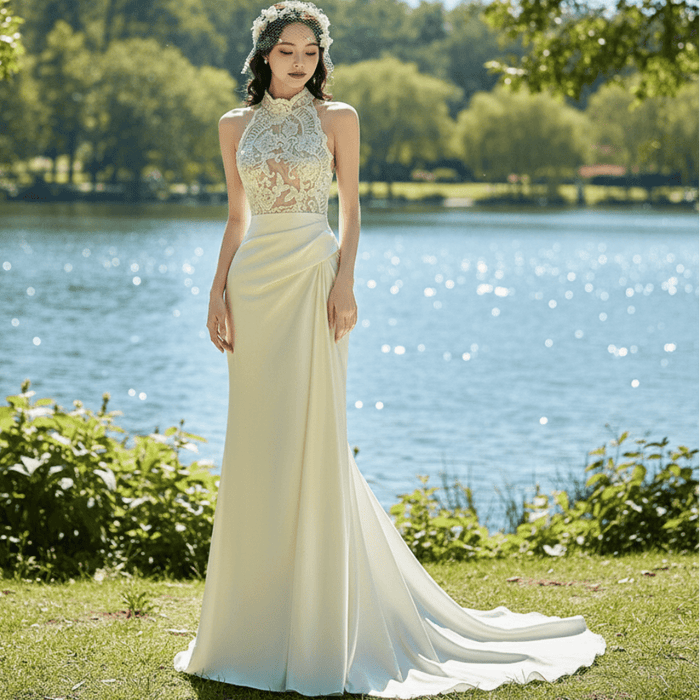 Illusion Lace Halter Neck Bridal Gown Sheath Bride Wedding Dress - Rosymae