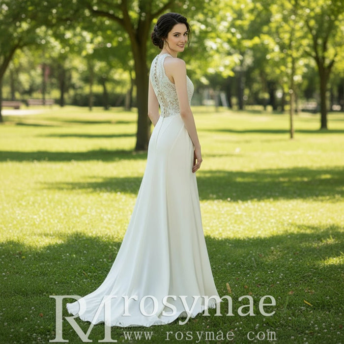 Illusion Lace Halter Neck Bridal Gown Sheath Bride Wedding Dress - Rosymae