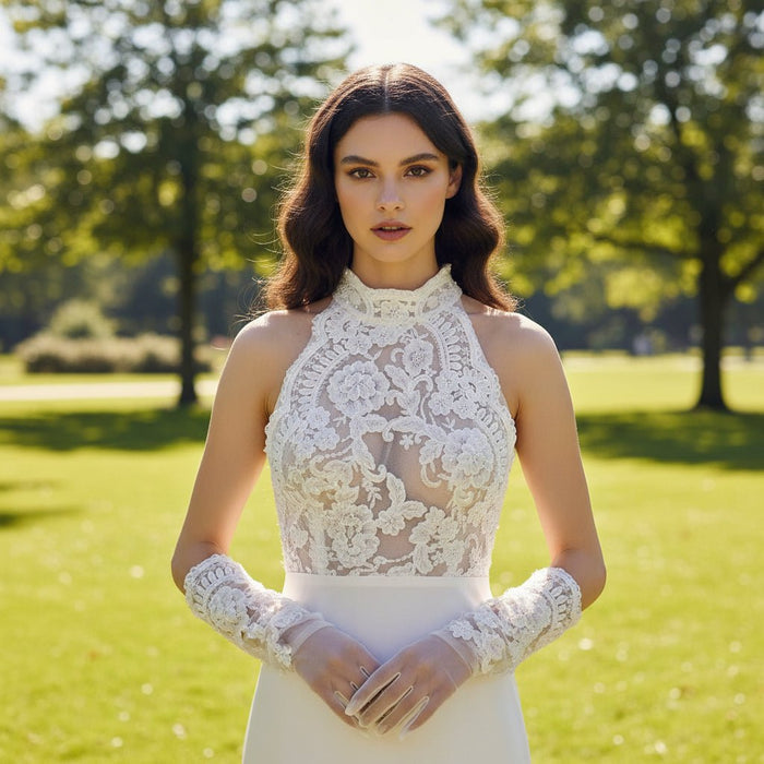 Illusion Lace Halter Neck Bridal Gown Sheath Bride Wedding Dress - Rosymae