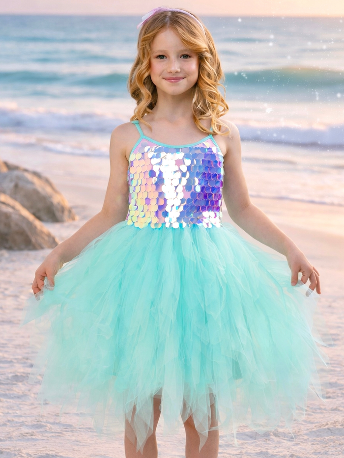 Girl wearing sparkly tulle dress for birthday party outfit