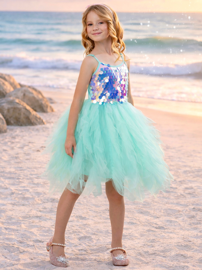 Girl in pastel sequin dress with tulle skirt for twirling