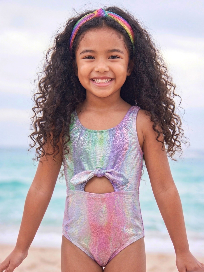 Kids pool outfit iridescent swimsuit with scale design
