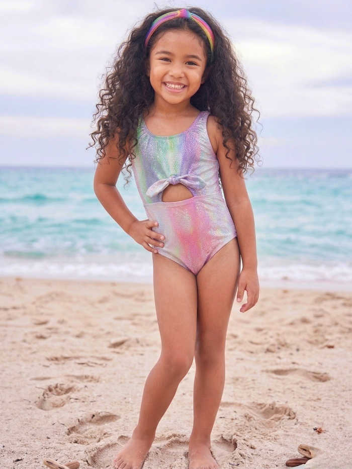 Girls vacation swimsuit with metallic finish and knot front
