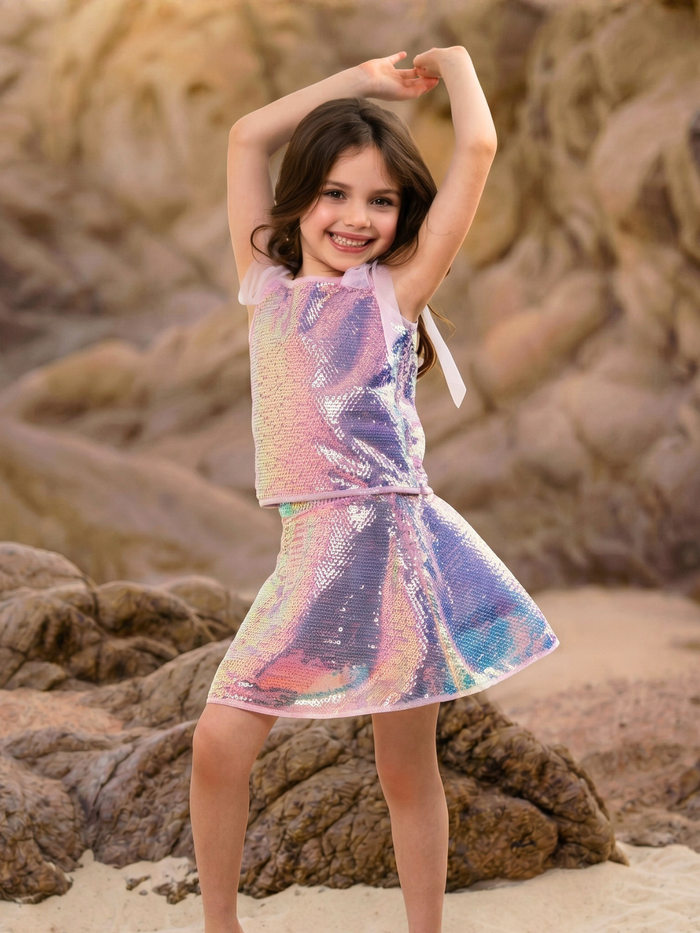 Iridescent Shine Sequin Top and Matching Skirt Set Mia Belle Girls