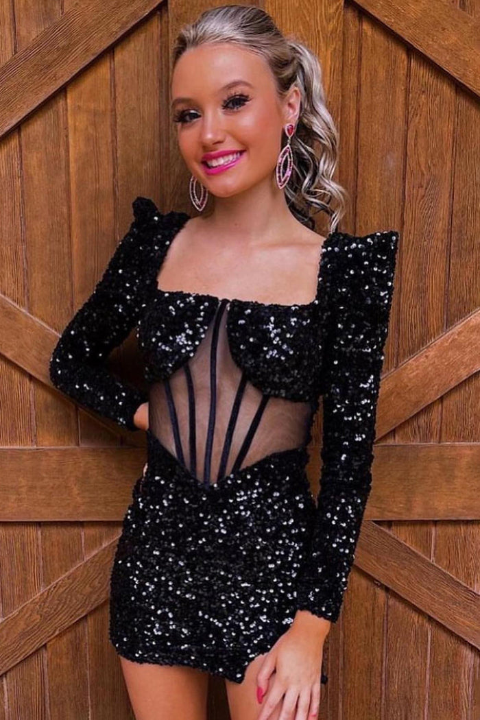 Iridescent White Sequins Long Sleeves Square Neck Homecoming Dress