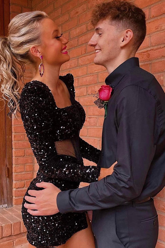 Iridescent White Sequins Long Sleeves Square Neck Homecoming Dress