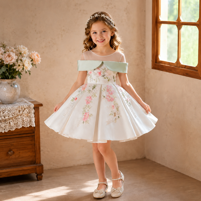 Ivory Floral Off-Shoulder Satin Flower Girl Dress with Mint Green Collar D289
