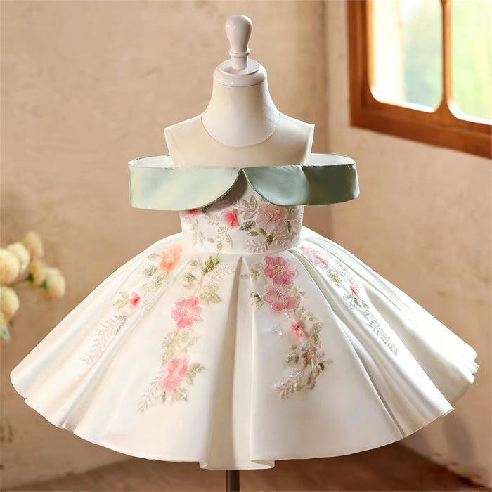 Ivory Floral Off-Shoulder Satin Flower Girl Dress with Mint Green Collar D289