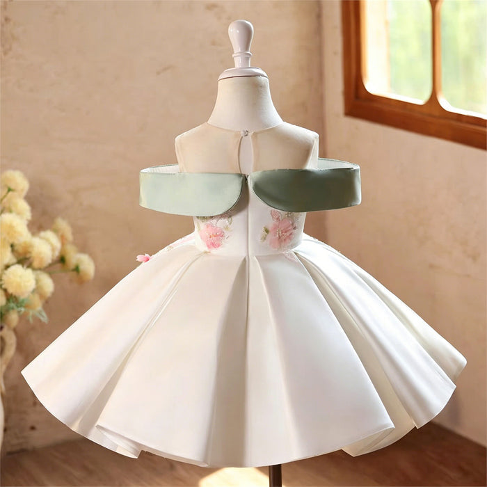 Ivory Floral Off-Shoulder Satin Flower Girl Dress with Mint Green Collar D289