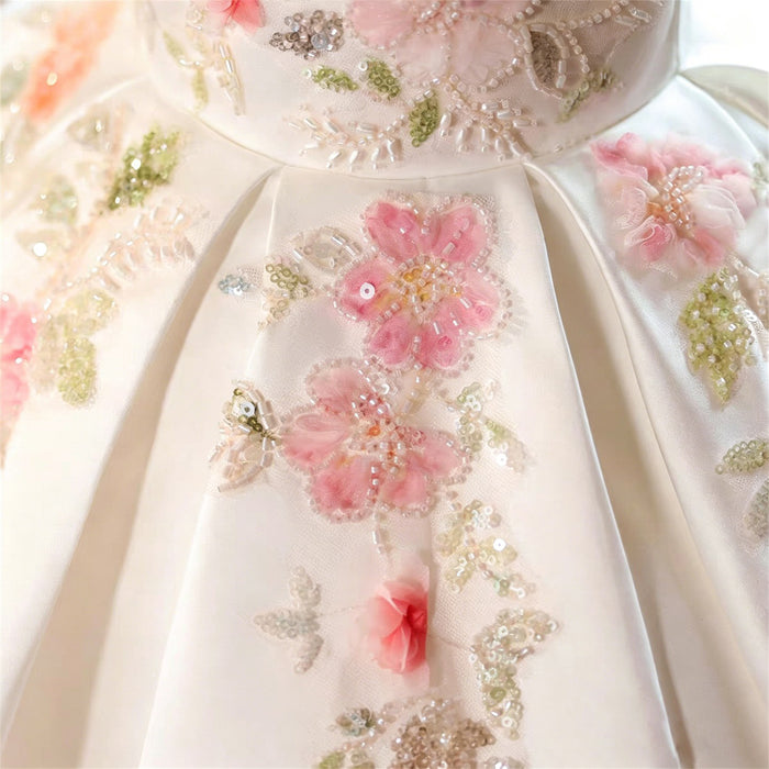 Ivory Floral Off-Shoulder Satin Flower Girl Dress with Mint Green Collar D289