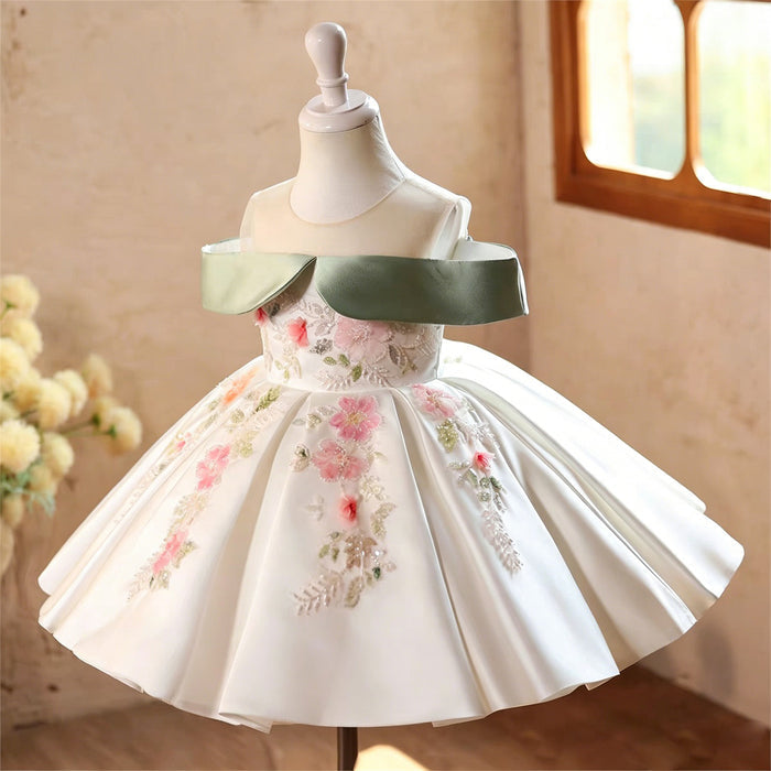 Ivory Floral Off-Shoulder Satin Flower Girl Dress with Mint Green Collar D289