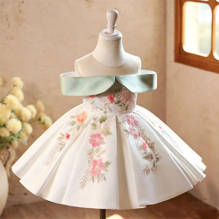 Ivory Floral Off-Shoulder Satin Flower Girl Dress with Mint Green Collar D289