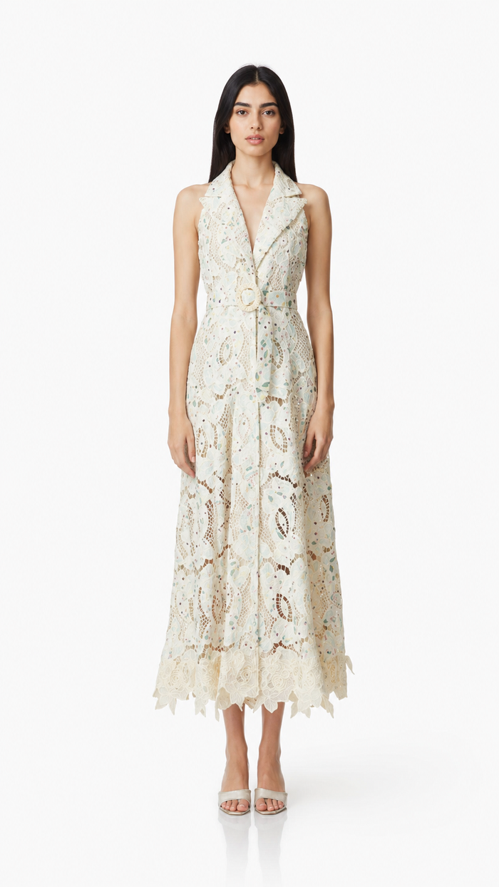 Ivory Lace Belted Midi Dress – Aria