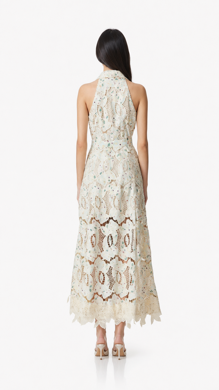 Ivory Lace Belted Midi Dress – Aria