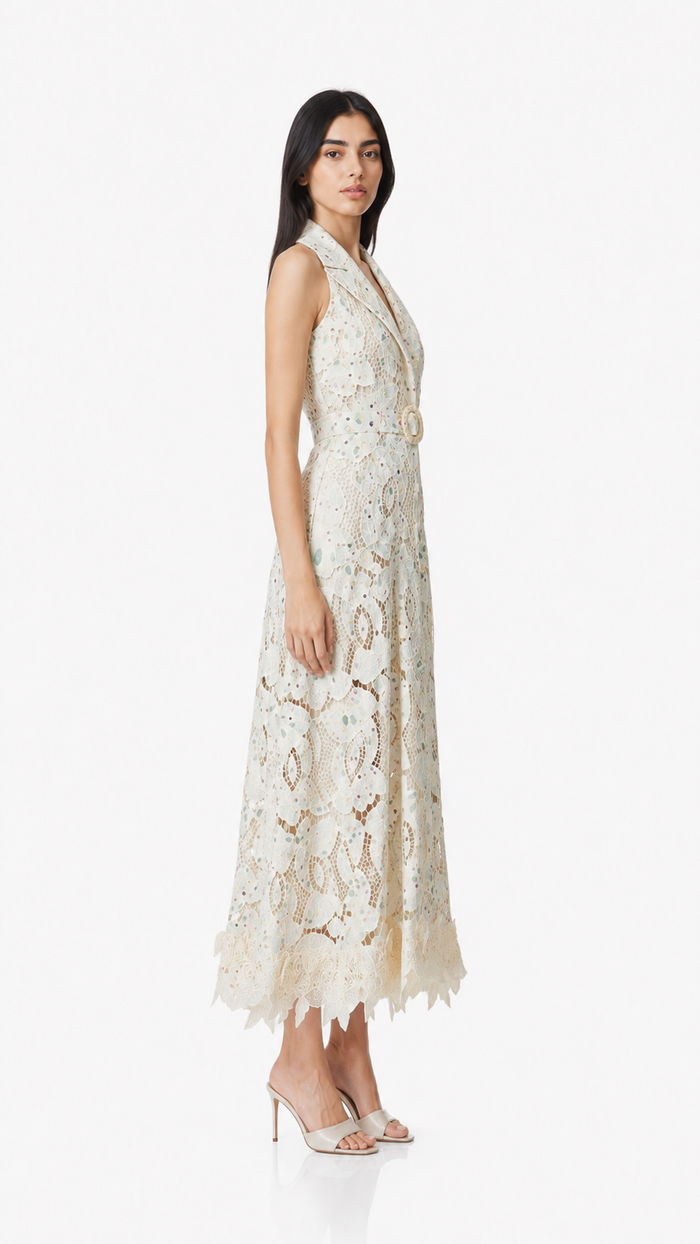 Ivory Lace Belted Midi Dress – Aria