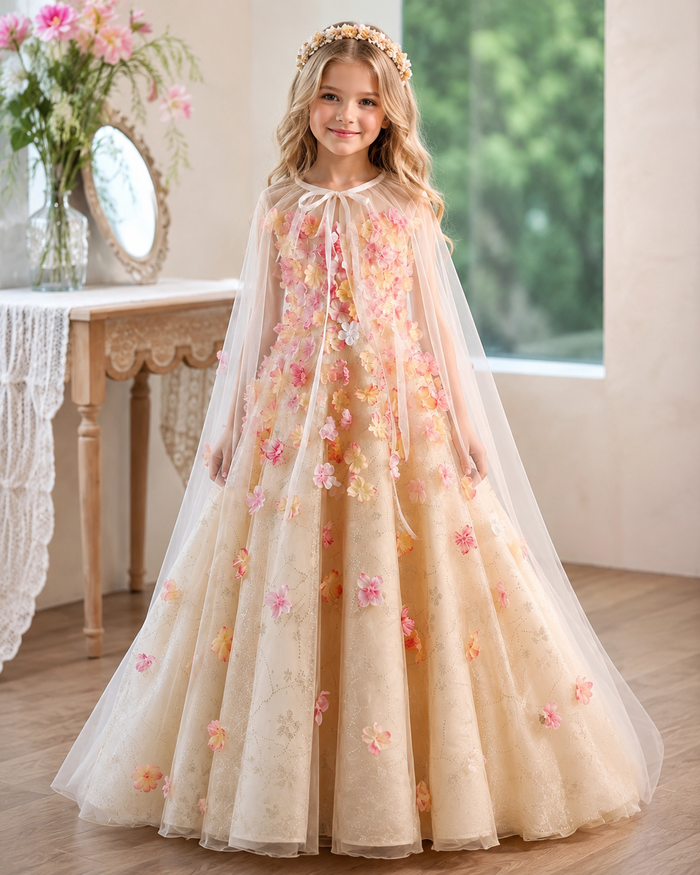 Ivory Pink 3D Floral Glitter Tulle Flower Girl Ball Gown with Sheer Cape D362