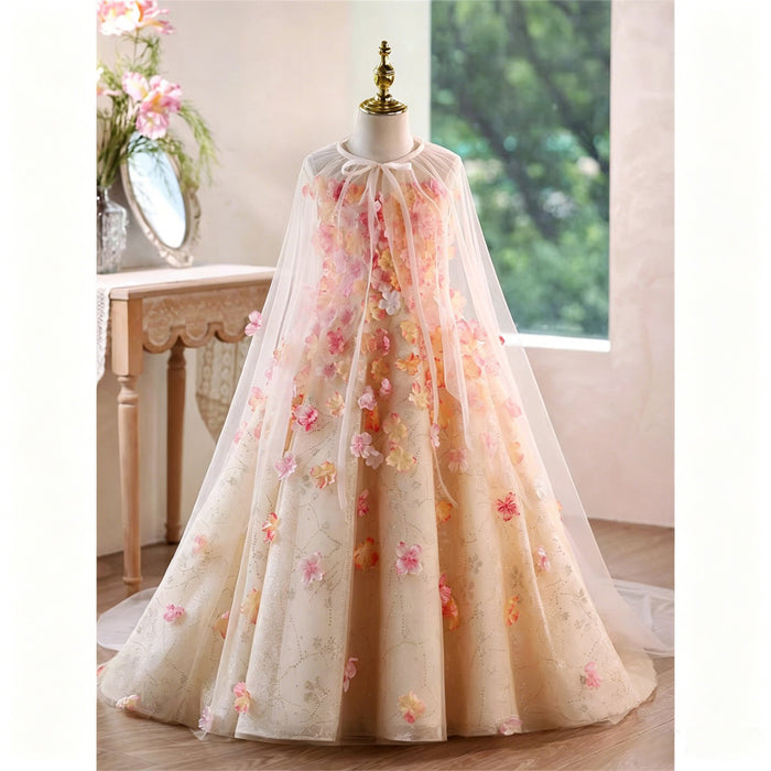 Ivory Pink 3D Floral Glitter Tulle Flower Girl Ball Gown with Sheer Cape D362