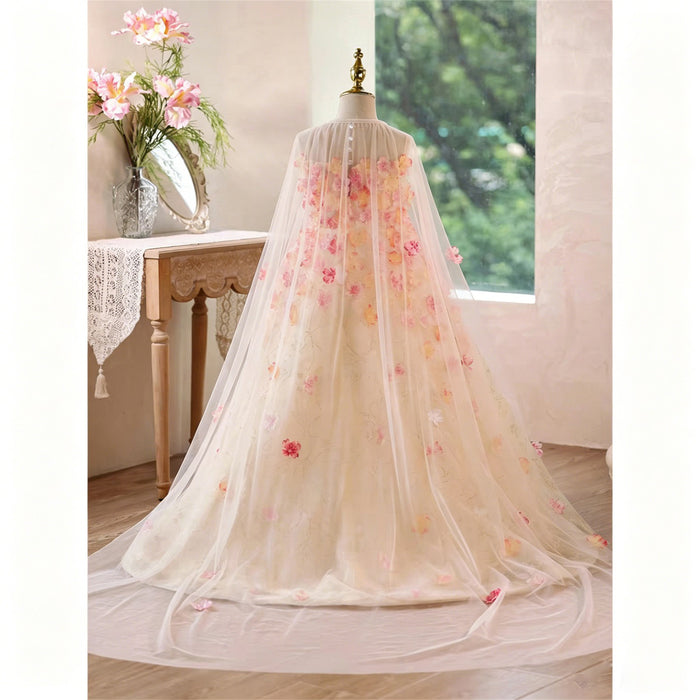 Ivory Pink 3D Floral Glitter Tulle Flower Girl Ball Gown with Sheer Cape D362
