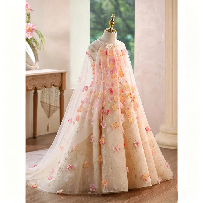Ivory Pink 3D Floral Glitter Tulle Flower Girl Ball Gown with Sheer Cape D362