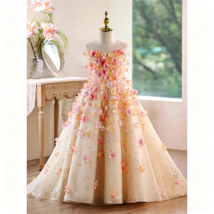Ivory Pink 3D Floral Glitter Tulle Flower Girl Ball Gown with Sheer Cape D362