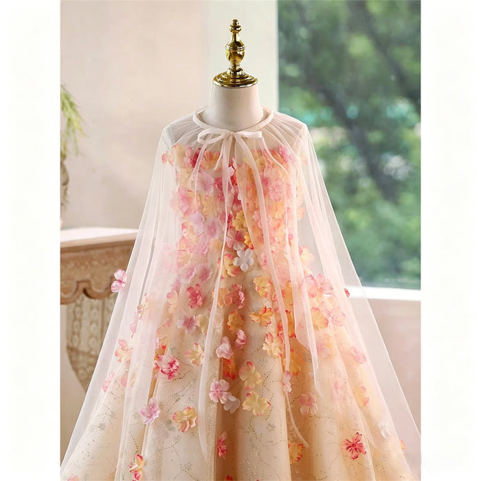 Ivory Pink 3D Floral Glitter Tulle Flower Girl Ball Gown with Sheer Cape D362